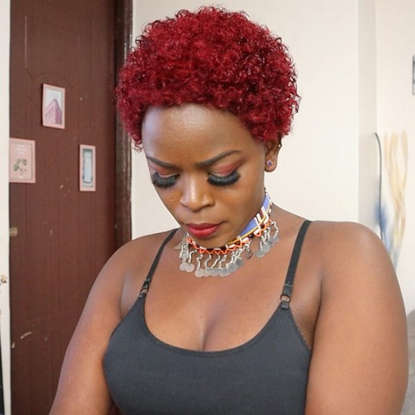 Red Short Curly Afro Wig Real Human Hair Wig Black Women Wigs - Image 5